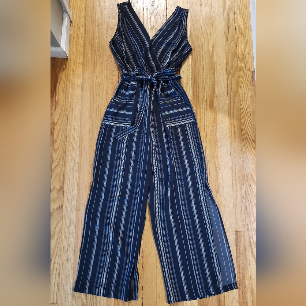Monteau Navy/White Striped Tie Waisted Jumpsuit Romper, Size S